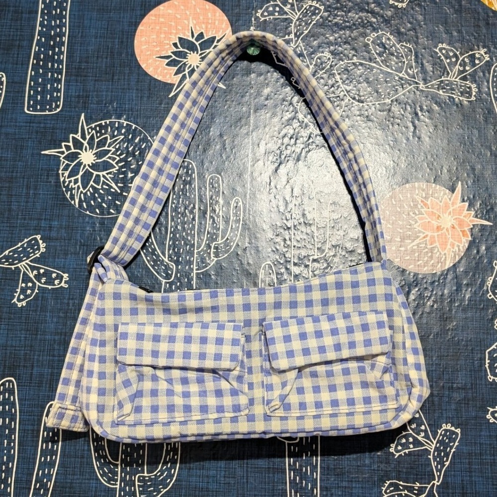 NWOT Baggu x Urban Outfitters Multi Pocket Cargo Shoulder Bag Blue Gingham - Picture 2 of 7